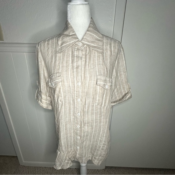 Finley Tops - Finley Cream Casual Button Down Shirt with Textured Stripes size XL